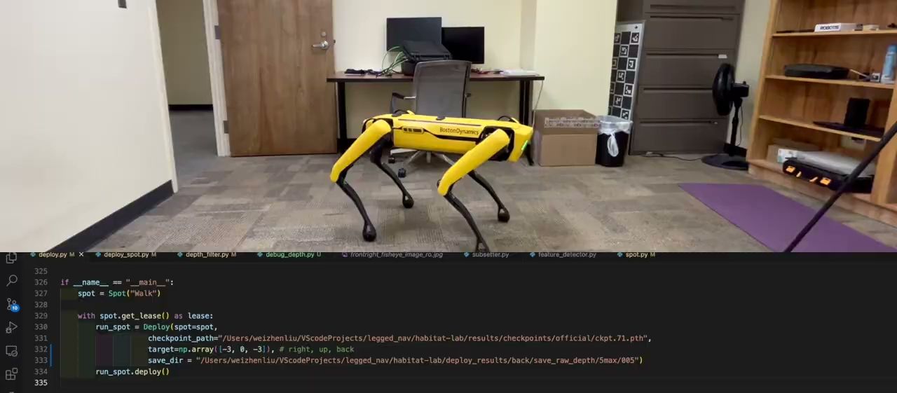 Boston Dynamics Spot running our navigation policy, deployment code on screen