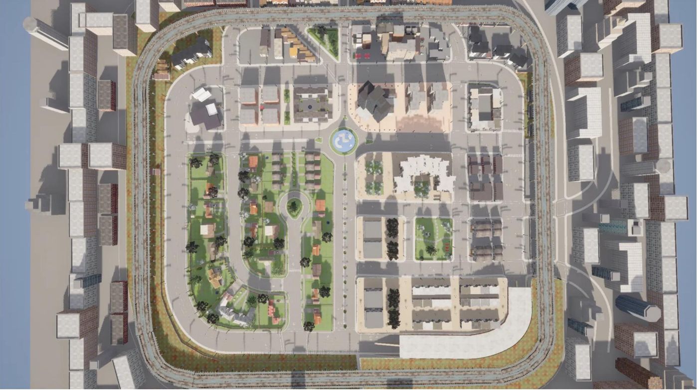 UAV3D photorealistic aerial scene with five drones over a simulated city